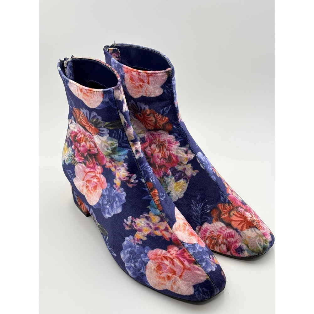 Betsey‎ Johnson Talia Floral Velvet Ankle Boots Navy Blue Pink Block Heel 10M